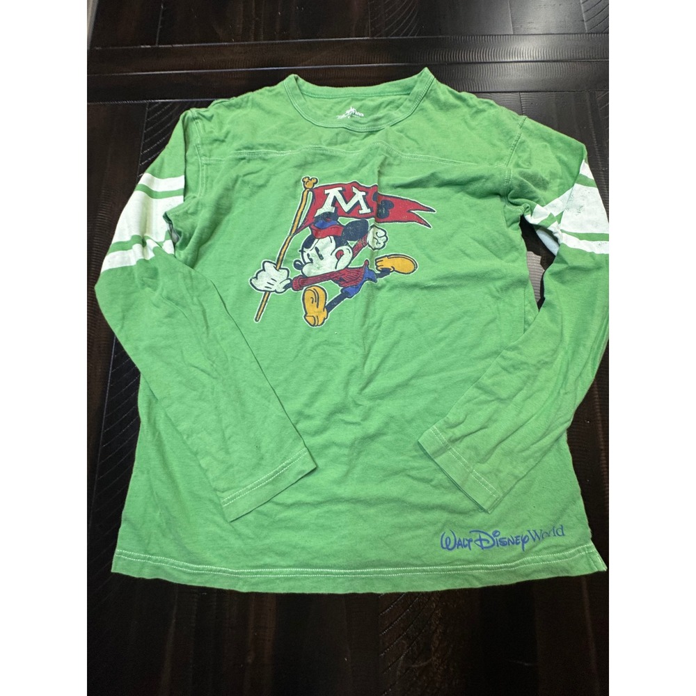 Disney Parks Mickey Mouse Green Long Sleeve Graphic Tee Kids XL Varsity Stripe